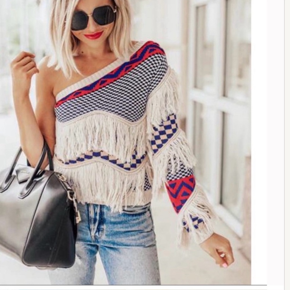 HOTTT DEAL! Knitted Fringe A-Symmetrical Poncho Sweater With Blue & Red Patterns